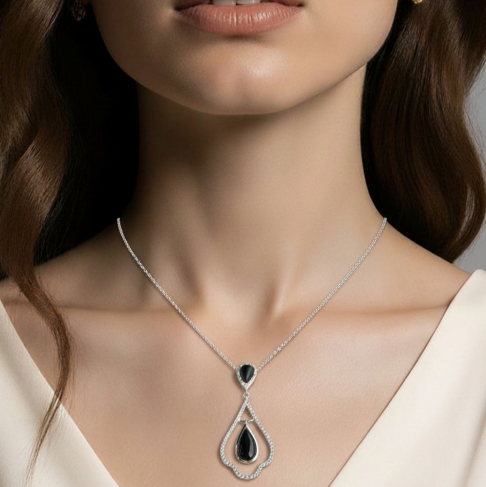 Black Onyx CZ Sterling Silver Pendant Necklace 🆕